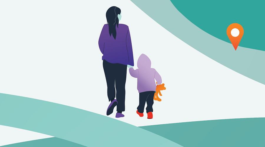 Illustration of a woman and child walking hand in hand with a location pin on their right